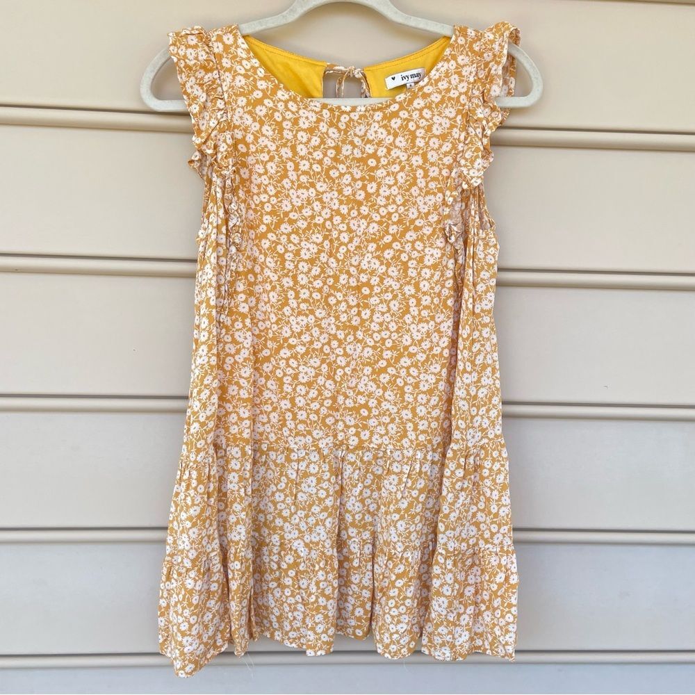 Ivy May Yellow Ruffled Top with White Floral Print Small